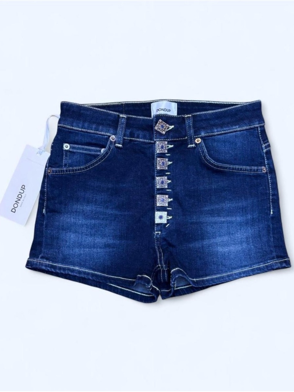 NWT Dondup Women's Dark Blue Denim Statement Button Mini Shorts